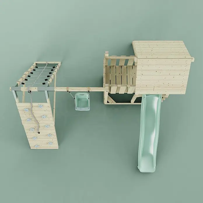 OutdoorToys Kinderspielturm Farö - L x B x H: 364 x 357 x 273 cm, Grün - Kinderspielplatz aus Holz mit Naturholzoptik, grüner Rutsche, Kletterwand, Seilnetz und Schaukelsitz.