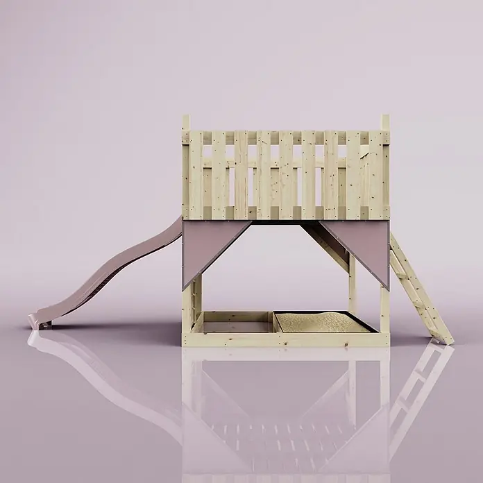 OutdoorToys Kinderspielturm Plattform Sternenhimmel - L x B x H: 415 x 191 x 205 cm, Rosa - Holzspielturm mit brauner Rutsche, Leiter und Sandkasten, mit rosa Stoffakzenten.
