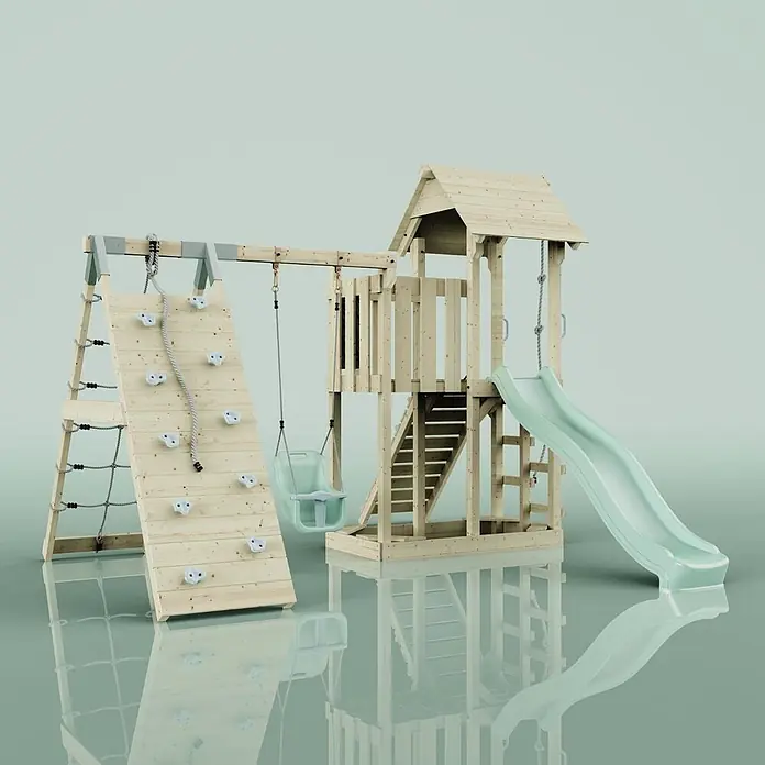 OutdoorToys Kinderspielturm Farö - L x B x H: 364 x 357 x 273 cm, Grün - Hölzernes Spielgerüst mit hellgrüner Rutsche, Schaukel, Kletterwand und Strickleiter.