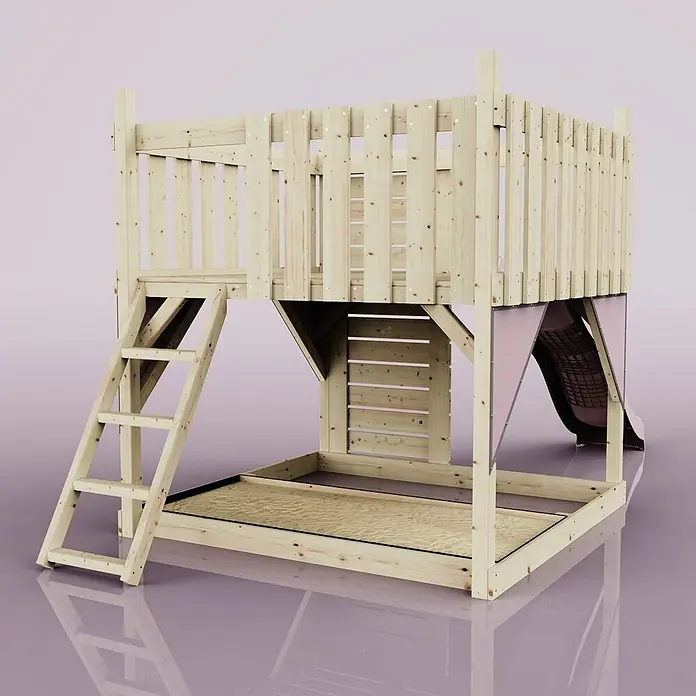 OutdoorToys Kinderspielturm Plattform Sternenhimmel - L x B x H: 415 x 191 x 205 cm, Rosa - Holzspielturm mit erhöhter Plattform, Leiter, Rutsche und integriertem Sandkasten.