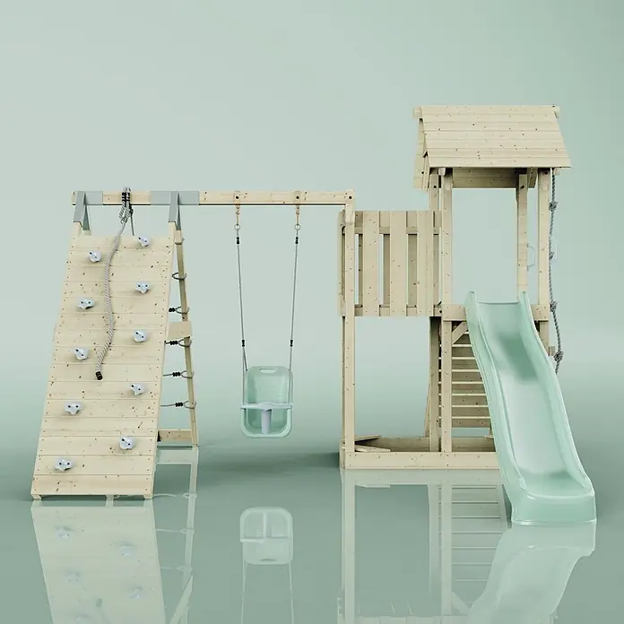 OutdoorToys Kinderspielturm Farö - L x B x H: 364 x 357 x 273 cm, Grün - Hölzernes Spielset mit Kletterwand, hellgrüner Rutsche und Schaukel für Kinder.
