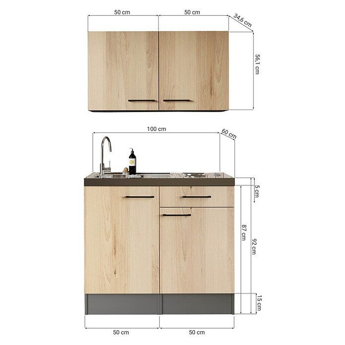 Respekta Miniküche Oliver (Breite: 100 cm, Artisan Eiche Nachbildung, Mit Duo-Kochmulde, Mit Oberschrank) | BAUHAUS