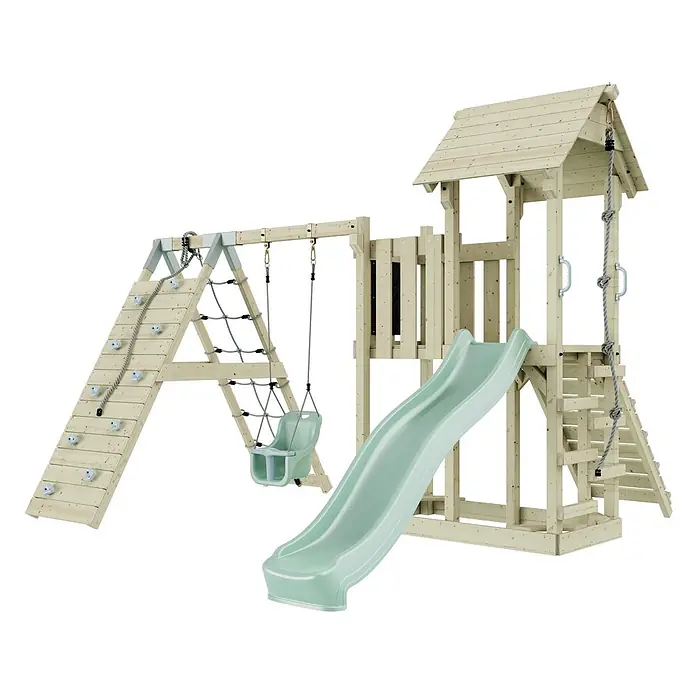 OutdoorToys Kinderspielturm Farö - L x B x H: 364 x 357 x 273 cm, Grün - Helles Holz-Spielset mit mintgrüner Rutsche und Schaukel, Kletterwand, Netz und Turm.