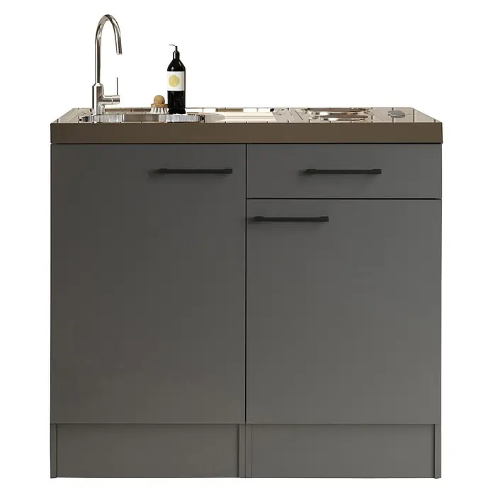 Respekta Miniküche Oliver - Breite: 100 cm, Grau, Mit Duo-Kochmulde - Dunkelgraue Kompaktküche mit integrierter Spüle, Wasserhahn und Kochfeld, schwarzen Griffen an Schränken und Schubladen.