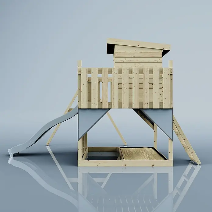 OutdoorToys Kinderspielturm Alma - L x B x H: 306 x 415 x 260 cm, Blau - Spielturm aus Holz mit grauer Rutsche, erhöhtem Spielhaus und integriertem Sandkasten.