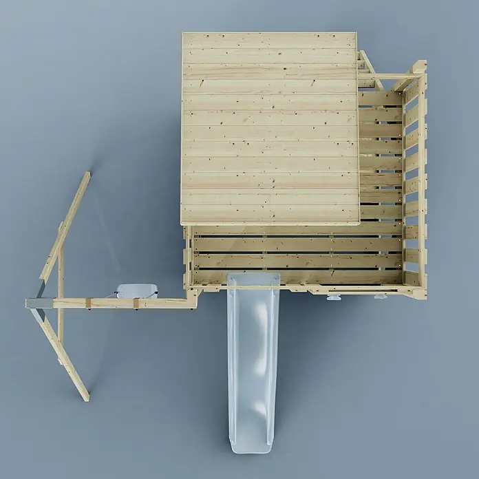 OutdoorToys Kinderspielturm Alma - L x B x H: 306 x 415 x 260 cm, Blau - Aufsicht auf ein Kinderspielhaus aus hellem Holz mit Rutsche und kleiner Plattform.