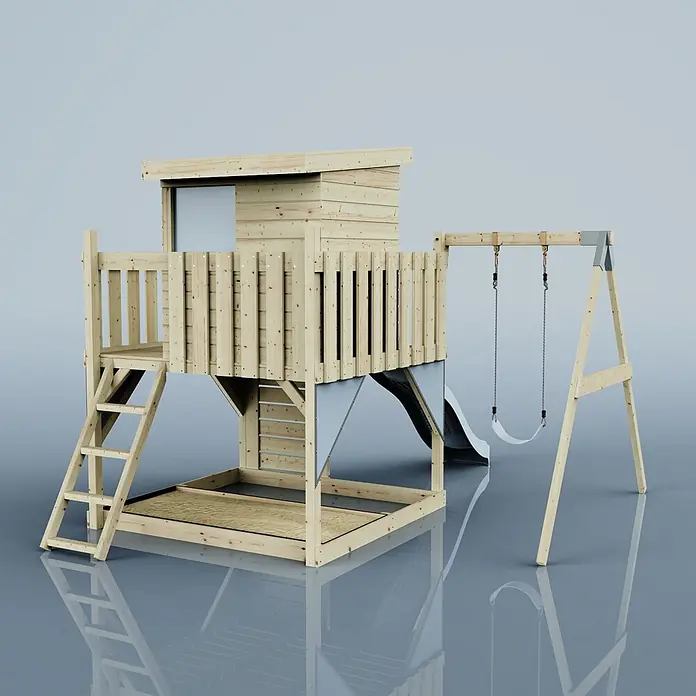 OutdoorToys Kinderspielturm Alma - L x B x H: 306 x 415 x 260 cm, Blau - Holzspielturm mit Rutsche, Schaukeln und Sandkasten.
