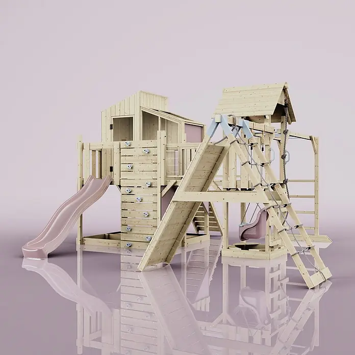 OutdoorToys Kinderspielturm Polarplay Tammo - L x B x H: 490 x 503 x 291 cm, Rosa - Mehrteiliges Holzspielgerät mit rosa Rutsche, Kletterwand, Schaukel und Seilelementen.