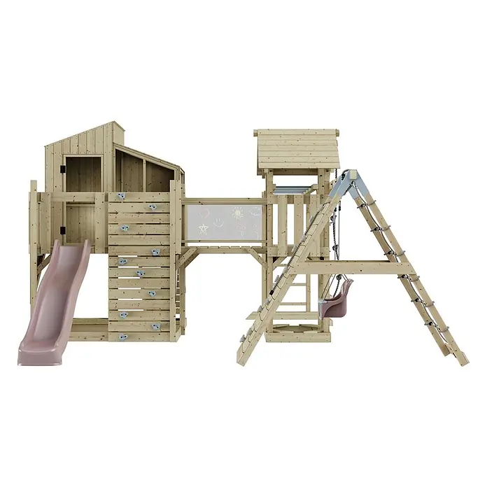 OutdoorToys Kinderspielturm Polarplay Tammo - L x B x H: 490 x 503 x 291 cm, Rosa - Hölzernes Outdoor-Spielgerät mit Rutsche, Kletterwand, Schaukeln, Spielhaus und Kreidetafel.