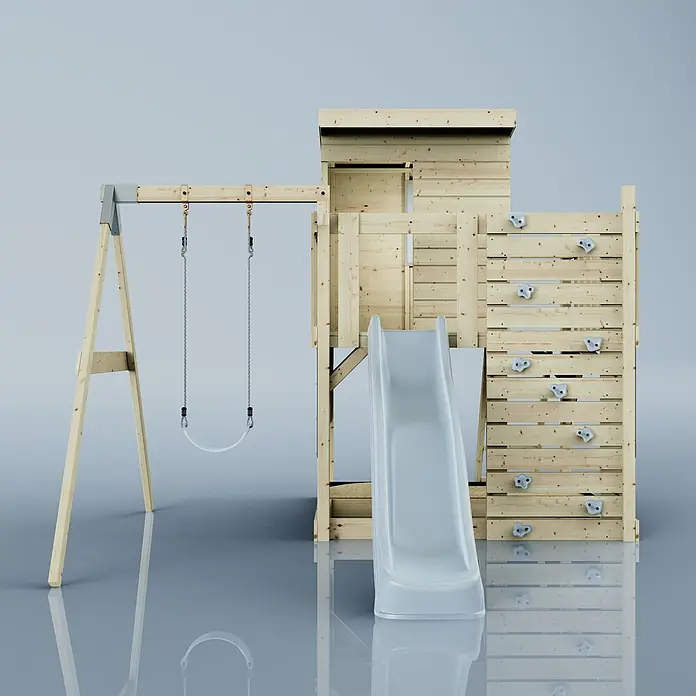 OutdoorToys Kinderspielturm Alma - L x B x H: 306 x 415 x 260 cm, Blau - Hölzerner Spielplatz mit hellgrauer Rutsche, Schaukel und Kletterwand mit grauen Griffen.