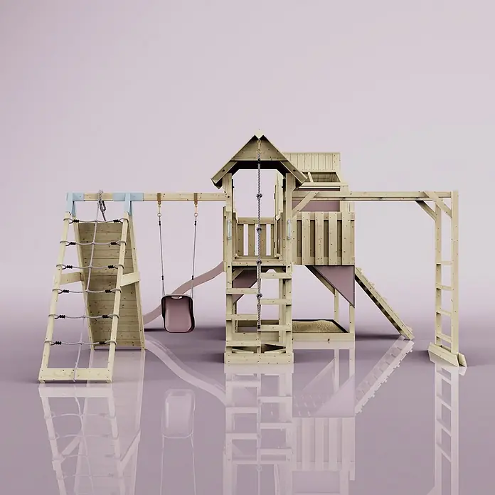 OutdoorToys Kinderspielturm Polarplay Tammo - L x B x H: 490 x 503 x 291 cm, Rosa - Spielturm aus Holz mit Kletternetz, Schaukel, Rutsche, Sandkasten, Kletterseil und Hangelleiter.