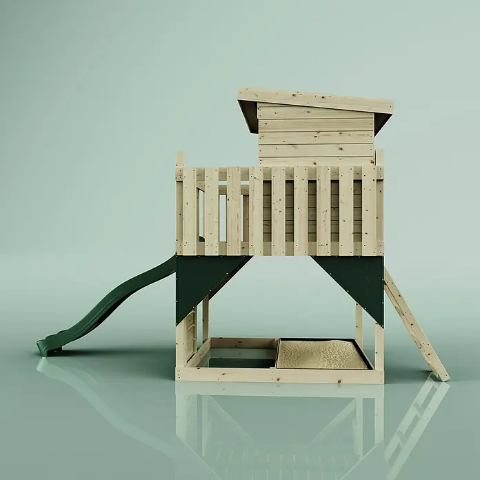 OutdoorToys Kinderspielturm Stelzenhaus Polarstern - L x B x H: 190 x 415 x 260 cm, Grün - Holz-Spielturm mit Hausstruktur, dunkelgrüner Rutsche und integriertem Sandkasten.