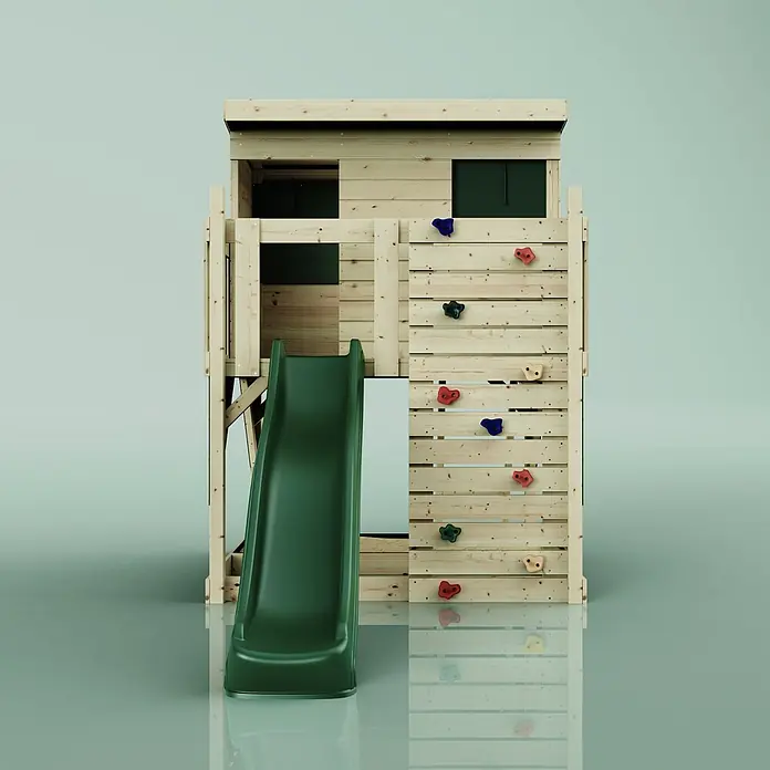 OutdoorToys Kinderspielturm Stelzenhaus Polarstern - L x B x H: 190 x 415 x 260 cm, Grün - Holzspielhaus für Kinder mit grüner Rutsche und Kletterwand mit bunten Griffen.