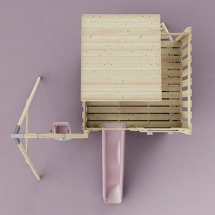 OutdoorToys Kinderspielturm Alma - L x B x H: 306 x 415 x 260 cm, Rosa - Hölzernes Spielset mit erhöhter Plattform, hellrosa Rutsche und Babyschaukel, von oben gesehen.
