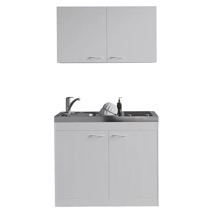 Respekta Miniküche Levin - Breite: 100 cm, Weiß, Mit Glaskeramikkochfeld - Weißes Küchenschrank-Set mit Oberschränken, Edelstahlspüle, Wasserhahn und kleiner Kochplatte.
