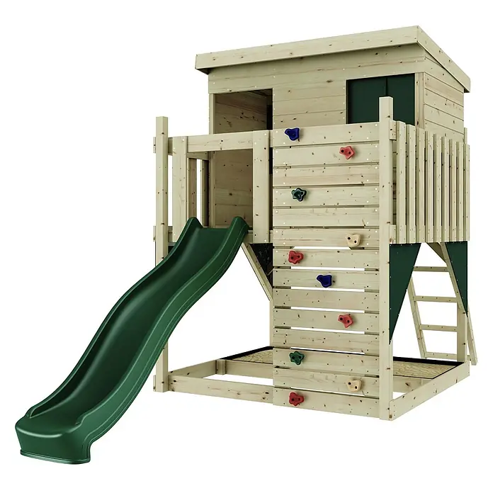 OutdoorToys Kinderspielturm Stelzenhaus Polarstern - L x B x H: 190 x 415 x 260 cm, Grün - Hölzernes Spielhaus mit grüner Rutsche, Kletterwand mit farbigen Griffen und Leiter für Kinderspiel im Freien.