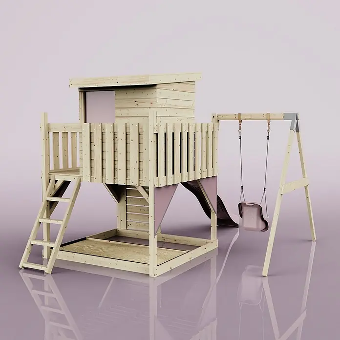 OutdoorToys Kinderspielturm Alma - L x B x H: 306 x 415 x 260 cm, Rosa - Hölzerner Kinderspielplatz mit Spielhaus, Leiter, rosa Rutsche, Schaukel und Sandkasten.