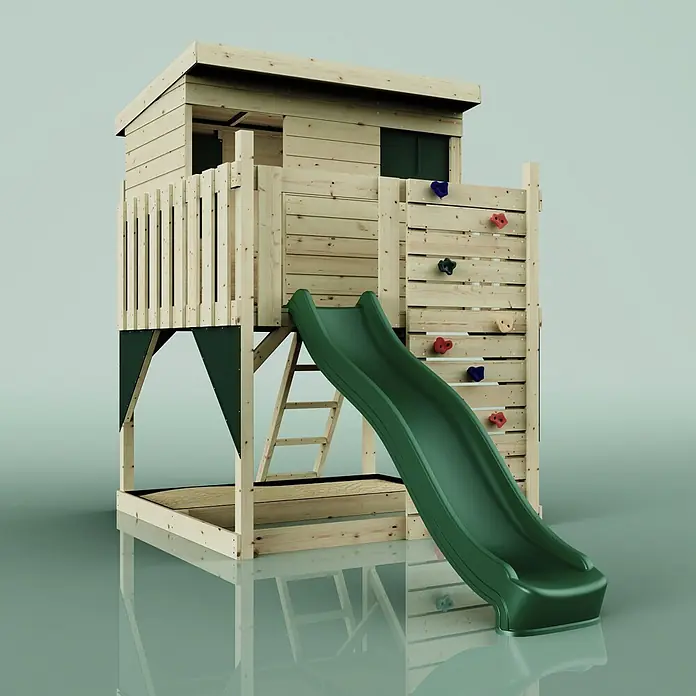 OutdoorToys Kinderspielturm Stelzenhaus Polarstern - L x B x H: 190 x 415 x 260 cm, Grün - Erhöhter Holzspielplatz mit grüner Rutsche, Kletterwand mit bunten Griffen und Sandkastenbereich darunter.