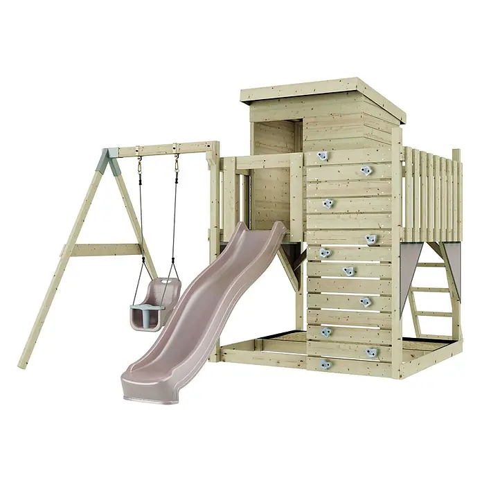 OutdoorToys Kinderspielturm Alma - L x B x H: 306 x 415 x 260 cm, Rosa - Spielturm aus Holz mit hellrosa Rutsche, Kinderschaukel und Kletterwand mit grauen Griffen, verbunden mit einem Spielhaus.