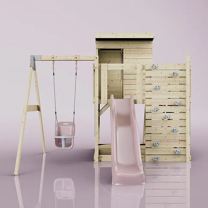 OutdoorToys Kinderspielturm Alma - L x B x H: 306 x 415 x 260 cm, Rosa - Holzspielplatz mit rosa Rutsche, rosa Babyschaukel und Kletterwand mit hellblauen Griffen.