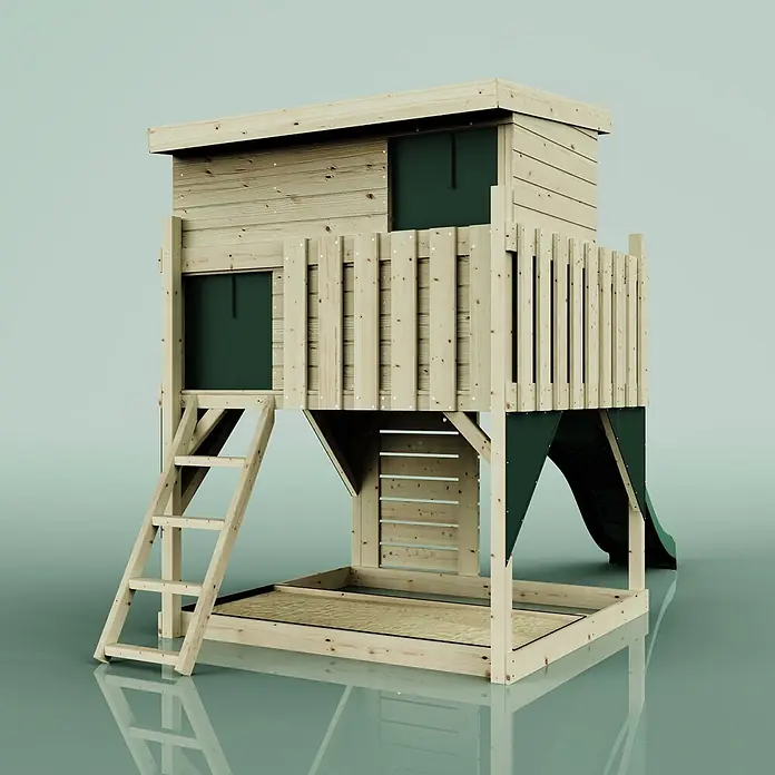 OutdoorToys Kinderspielturm Stelzenhaus Polarstern - L x B x H: 190 x 415 x 260 cm, Grün - Hölzernes Spielhaus mit grüner Rutsche und integriertem Sandkasten. Eine Leiter ermöglicht den Zugang.