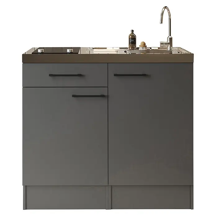 Respekta Miniküche Oliver - Breite: 100 cm, Grau, Mit Glaskeramikkochfeld - Kompakte Küchenzeile mit grauen Schränken, metallischer Arbeitsplatte, integriertem Kochfeld und Spüle.