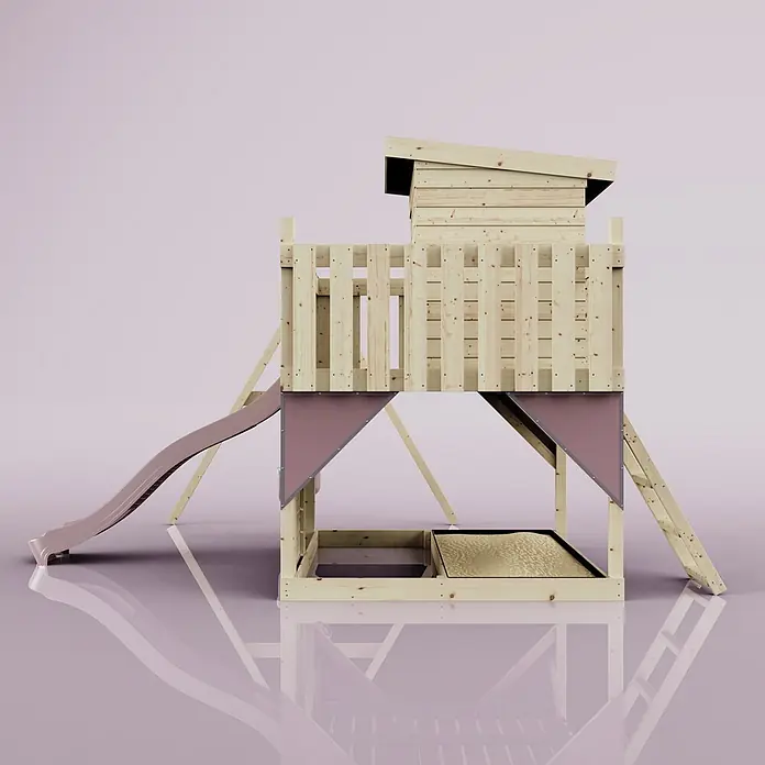 OutdoorToys Kinderspielturm Alma - L x B x H: 306 x 415 x 260 cm, Rosa - Holzspielturm mit erhöhtem Spielhaus, Rutsche und Sandkasten. Aus hellem Holz mit rotbraunen Akzenten.
