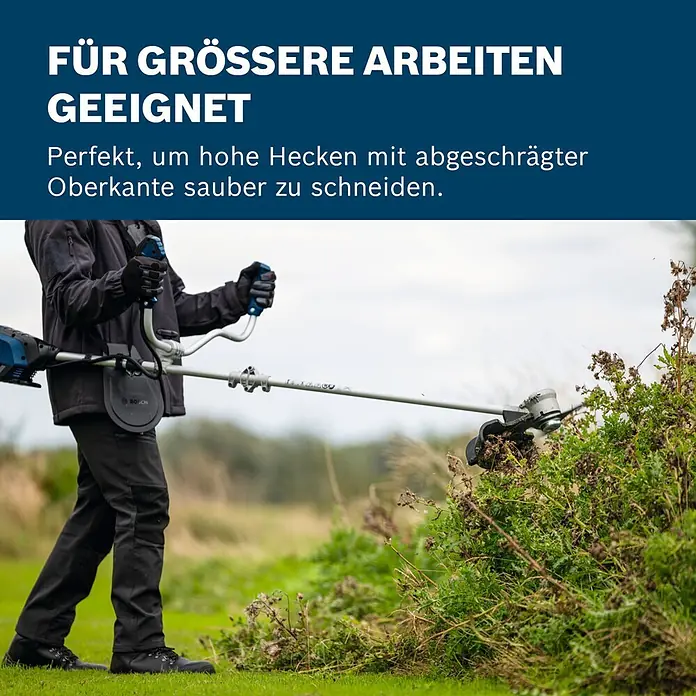 Bosch Professional AMPShare 18V Akku-Freischneider GFR18V-25 BH - 18 V, Schnittbreite Faden: 40 cm, Schnittbreite Messer: 25 cm - Eine Person nutzt einen Bosch Freischneider, um eine hohe Hecke zu schneiden. Geeignet für größere Arbeiten.