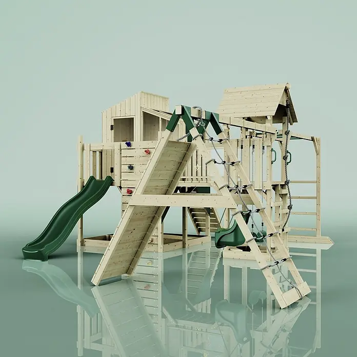 OutdoorToys Kinderspielturm Polarplay Gustav - L x B x H: 562 x 503 x 291 cm, Grün - Hölzerner Spielturm mit grüner Rutsche, Schaukeln, Kletterwand und verschiedenen Leitern zum aktiven Spielen.