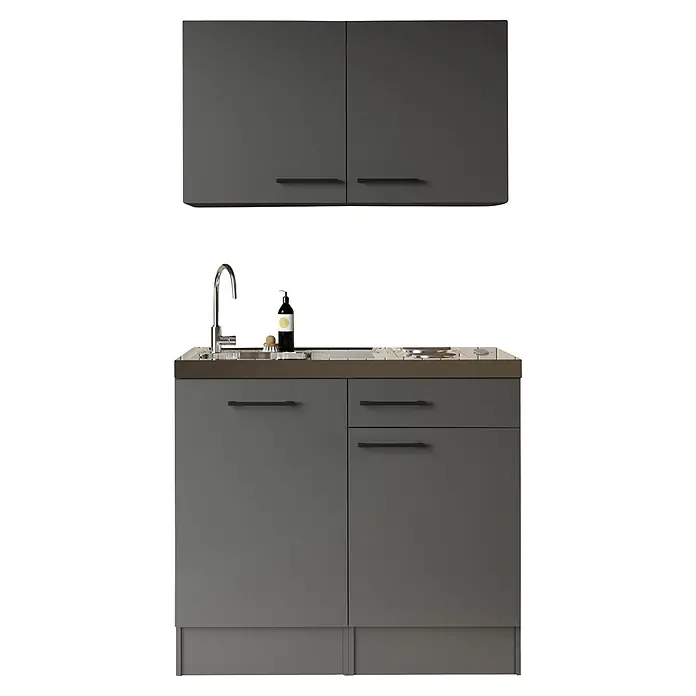 Respekta Miniküche Oliver - Breite: 100 cm, Grau, Mit Duo-Kochmulde, Mit Oberschrank - Dunkelgraue Küchenzeile mit zwei Oberschränken, Spüle, Wasserhahn und Kochfeld.