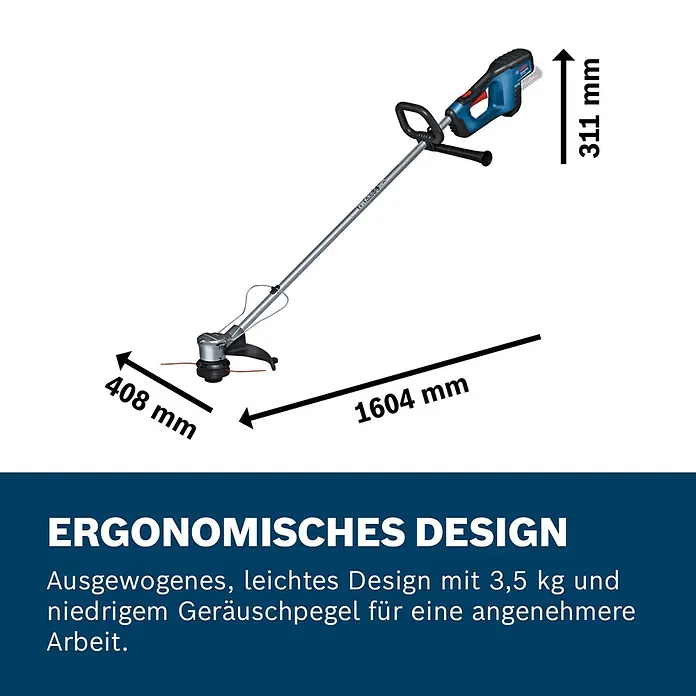 Bosch Professional AMPShare 18V Akku-Rasentrimmer GRT 18V-33 - 18 V, Ohne Akku - Blauer und schwarzer Akku-Rasentrimmer mit Maßen: 1604 mm Länge, 311 mm Höhe und 408 mm Schnittbreite.