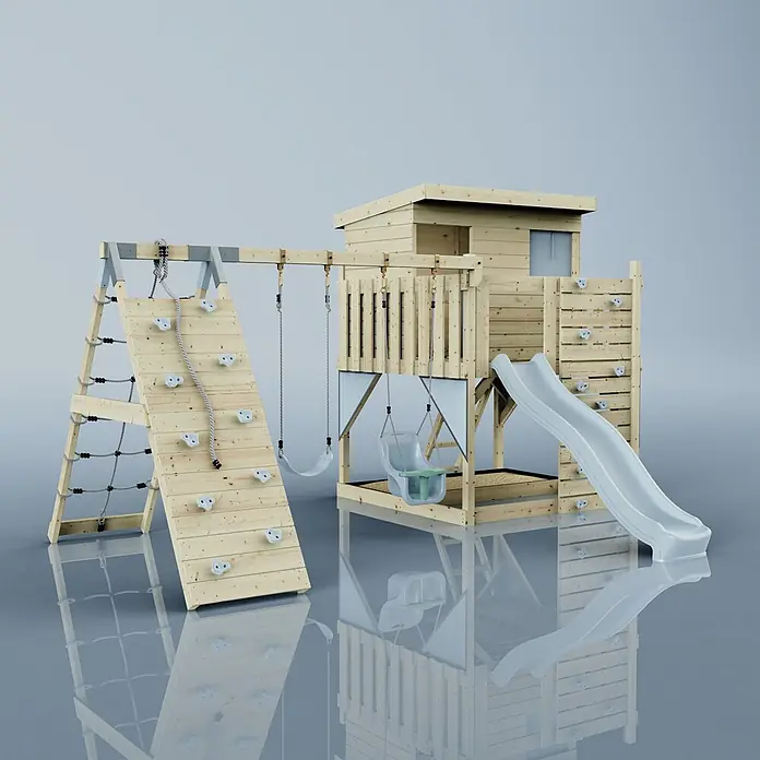 OutdoorToys Kinderspielturm Aksel - L x B x H: 469 x 415 x 261 cm, Blau - Hölzernes Spielset mit Spielhaus, Rutsche, Kletterwand mit Griffen, Strickleiter und Schaukeln.