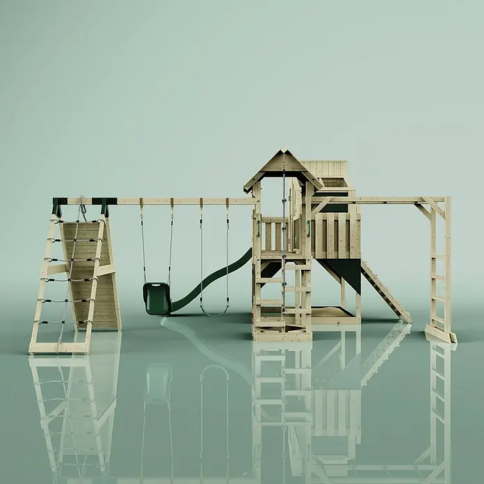 OutdoorToys Kinderspielturm Polarplay Gustav - L x B x H: 562 x 503 x 291 cm, Grün - Hölzerner Outdoor-Spielplatz mit dunkelgrüner Rutsche, Schaukel und Kletternetz, inklusive Turm, Leiter und Seilkletterwand.
