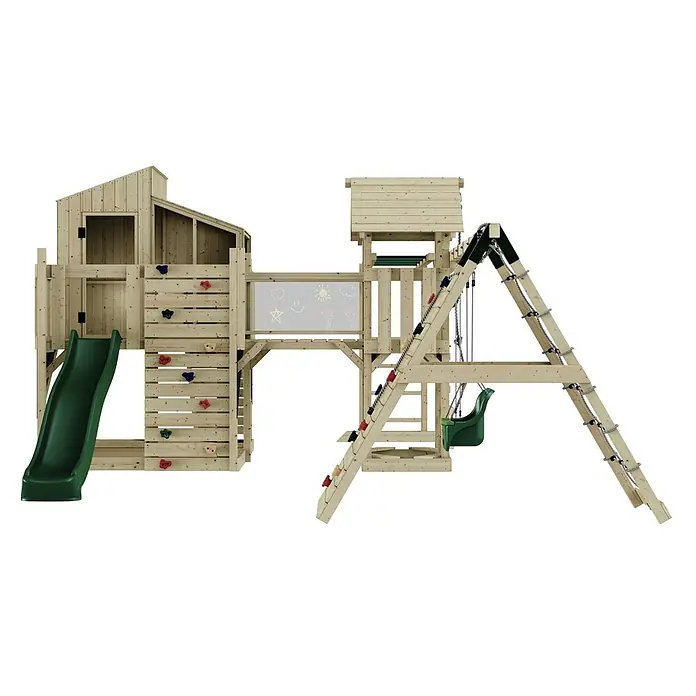 OutdoorToys Kinderspielturm Polarplay Gustav - L x B x H: 562 x 503 x 291 cm, Grün - Hölzernes Outdoor-Spielgerät mit grüner Rutsche, Kletterwand, Schaukel und Strickleiter. Mit Spielhaus und Aktivitätstafel.