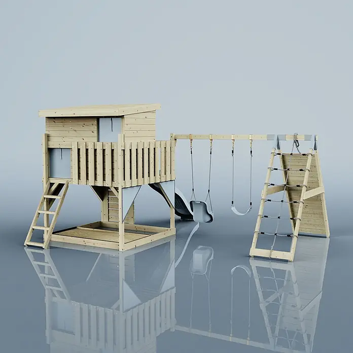 OutdoorToys Kinderspielturm Aksel - L x B x H: 469 x 415 x 261 cm, Blau - Holzspielplatz-Set mit Stelzenhaus, Rutsche, zwei Schaukeln und Kletternetz in Naturholz und Hellgrau.
