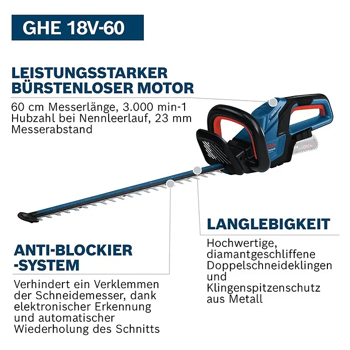 Bosch Professional AMPShare 18V Akku-Heckenschere GHE 18V-60 - 18 V, Ohne Akku, Schnittlänge: 60 cm - Blauer und schwarzer Bosch GHE 18V-60 Akku-Heckenschneider mit Metallklingen und roten Akzenten. Mit leistungsstarkem bürstenlosem Motor und Antiblockier-System.