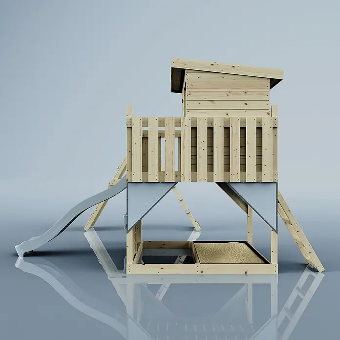 OutdoorToys Kinderspielturm Aksel - L x B x H: 469 x 415 x 261 cm, Blau - Erhöhtes Holz-Spielhaus mit Pultdach, grauer Rutsche und integriertem Sandkasten darunter.