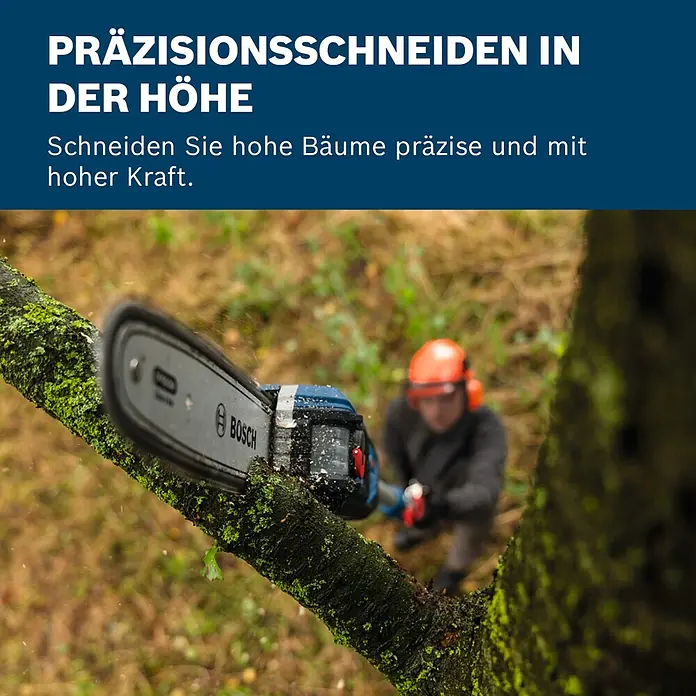 Bosch Professional AMPShare 18V Akku-Hochentaster GKE 18V-25 TP - 18 V, Ohne Akku, Schwertlänge: 25 cm - Eine Bosch Kettensäge schneidet einen moosigen Ast in der Höhe, bedient von einer Person in Schutzkleidung. Betont präzises Schneiden mit hoher Kraft.