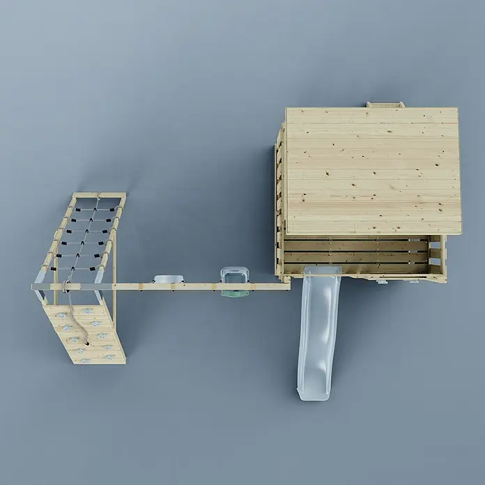 OutdoorToys Kinderspielturm Aksel - L x B x H: 469 x 415 x 261 cm, Blau - Holzerne Spielanlage mit transparenter Rutsche, Kletternetz und Kletterwand mit weißen Griffen.