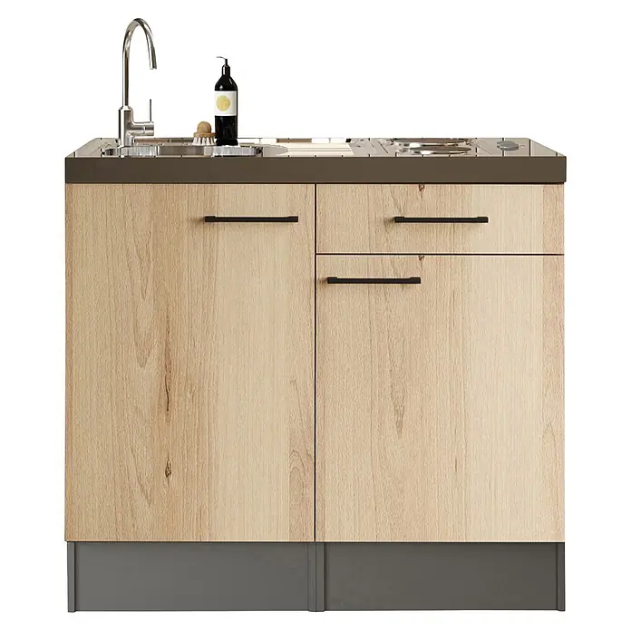 Respekta Miniküche Oliver - Breite: 100 cm, Artisan Eiche Nachbildung, Mit Duo-Kochmulde - Küchenunterschrank aus hellem Holz mit Spüle, Wasserhahn und Elektrokochfeld.