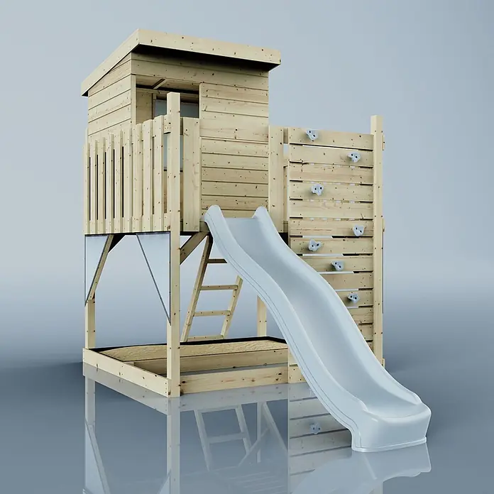 OutdoorToys Kinderspielturm Stelzenhaus Polarlicht - L x B x H: 190 x 415 x 261 cm, Blau - Hölzernes Spielhaus mit weißer Rutsche, Kletterwand und Leiter.