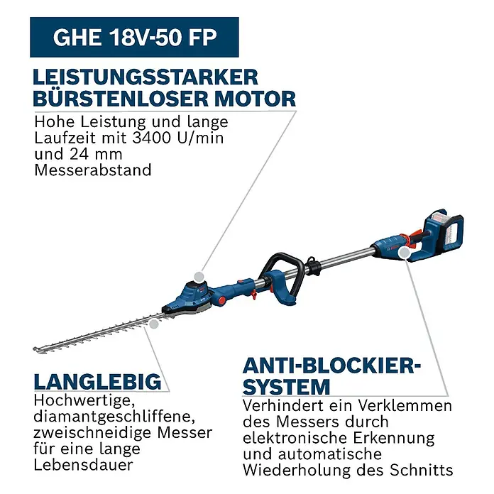 Bosch Professional AMPShare 18V Teleskop-Heckenschere GHE18V-50 FP - 18 V, Li-Ionen, Anzahl Akkus: Ohne Akku - Blau-schwarze Bosch Akku-Heckenschere GHE 18V-50 FP mit langer, doppelseitiger Klinge.