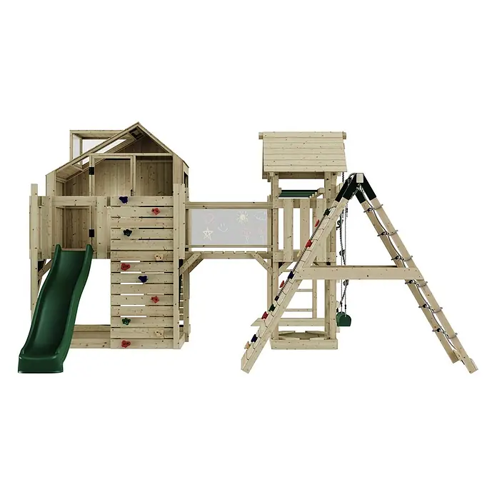 OutdoorToys Kinderspielturm Polarplay Bo - L x B x H: 490 x 503 x 291 cm, Grün - Ein großes, naturbelassenes Spielgerät aus Holz mit grüner Rutsche, Kletterwänden, Schaukeln und einem Spielhaus mit Kreidetafel.