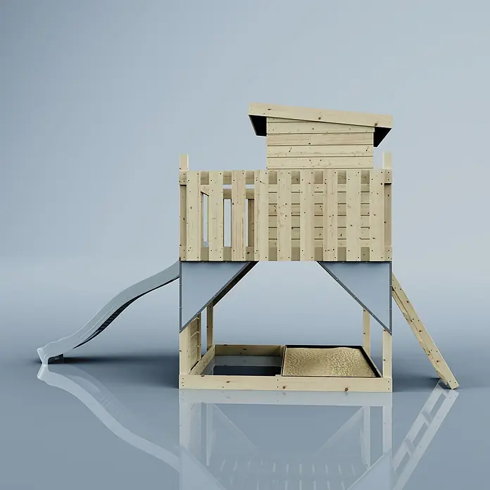 OutdoorToys Kinderspielturm Stelzenhaus Polarlicht - L x B x H: 190 x 415 x 261 cm, Blau - Hellholz-Spielhaus mit grauer Rutsche und integriertem Sandkasten für Kinder.