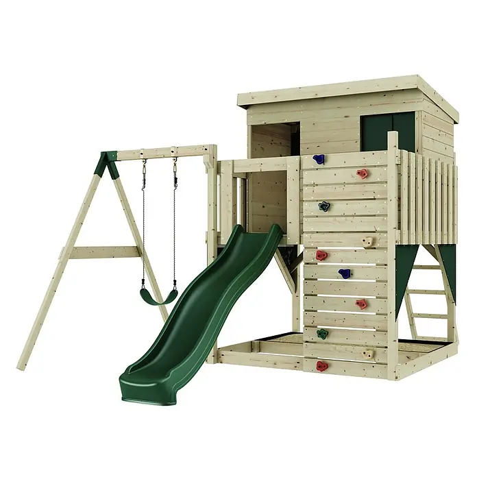 OutdoorToys Kinderspielturm Tjorven - L x B x H: 306 x 415 x 260 cm, Grün - Hölzernes Spielgerät mit erhöhtem Spielhaus, grüner Rutsche, Schaukel und Kletterwand mit bunten Griffen.