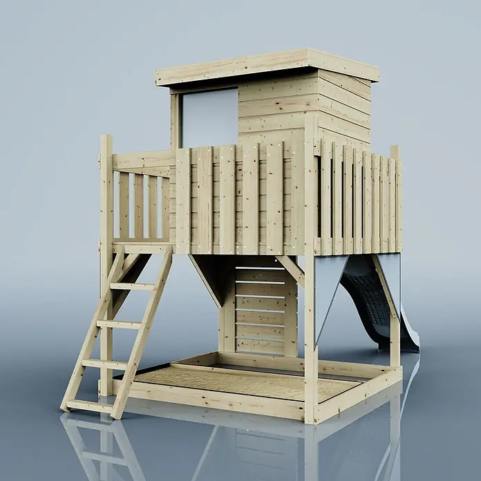 OutdoorToys Kinderspielturm Stelzenhaus Polarlicht - L x B x H: 190 x 415 x 261 cm, Blau - Hölzernes Kinderspielhaus mit Rutsche, Leiter und Sandkasten.