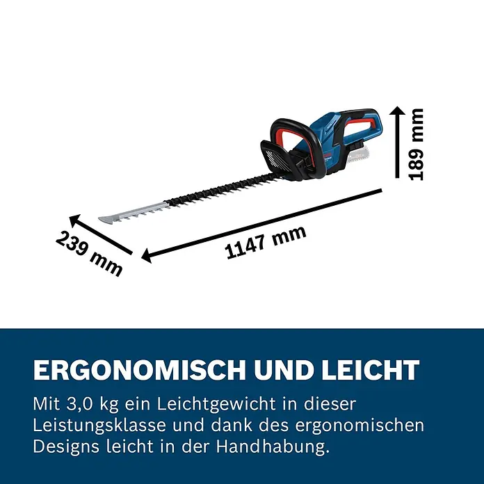 Bosch Professional AMPShare 18V Akku-Heckenschere GHE 18V-60 - 18 V, Ohne Akku, Schnittlänge: 60 cm - Blauer und schwarzer Bosch Akku-Heckenschere mit langem Blatt. Maße: 1147x239x189 mm.