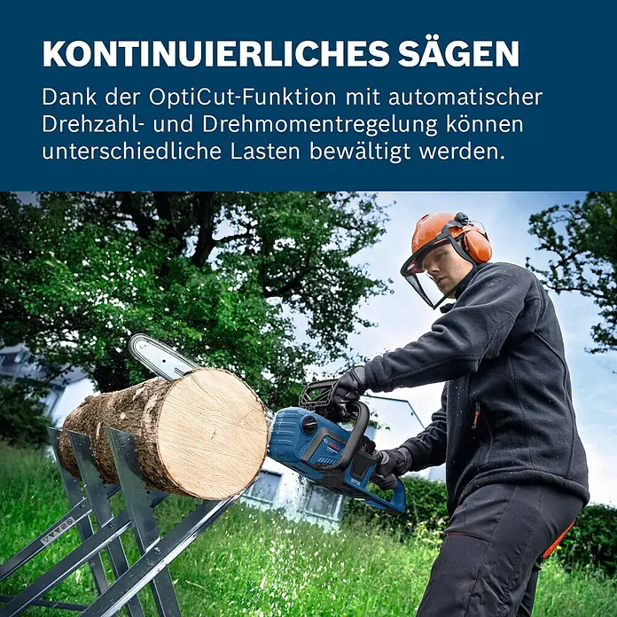 Bosch Professional AMPShare 18V Akku-Kettensäge GKE 18V-40 - 18 V, Li-Ionen, Ohne Akku, Schwertlänge: 40 cm - Eine Person in Schutzkleidung sägt mit einer blauen Bosch Kettensäge einen Holzstamm auf einem Sägebock, wobei Sägespäne entstehen.