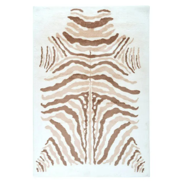 Kayoom Hochflorteppich Zebra - Weiß/Braun, 160 x 120 cm, 100 % Polyester - Gemusterter Teppich mit einem einzigartigen, symmetrischen Design in Braun- und Beigetönen auf einem weißen Untergrund, der jedem Raum einen Hauch von Eleganz verleiht.