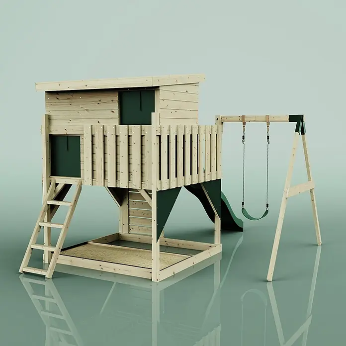 OutdoorToys Kinderspielturm Tjorven - L x B x H: 306 x 415 x 260 cm, Grün - Spielturm aus Holz mit erhöhtem Spielhaus, Leiter, Rutsche, Schaukel und dunkelgrünen Akzenten sowie Sandkasten.